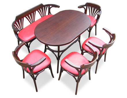 Bistro Table with wooden benche and 4 upholstered  bentwood chairs 